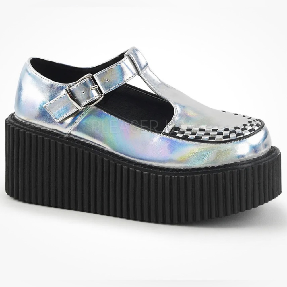 DEMONIA Punk Gothic Lolita 3" Platform Silver Hologram T-Strap Creepers Shoes
